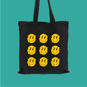 Tote bag negra con patrón smiley distorsionado